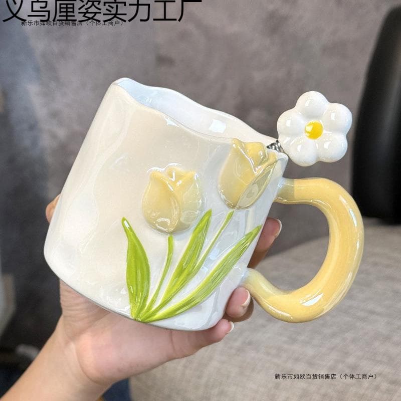 New Tulip Ceramic Mug, High-Face Value Home Use Creative Couple Flower Mug