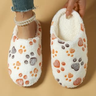 Amazon Cross-Border E-Commerce Women's Cat Paw Random Print Pattern Plush Indoor Slippers Comfortable Silent Cotton Slippers