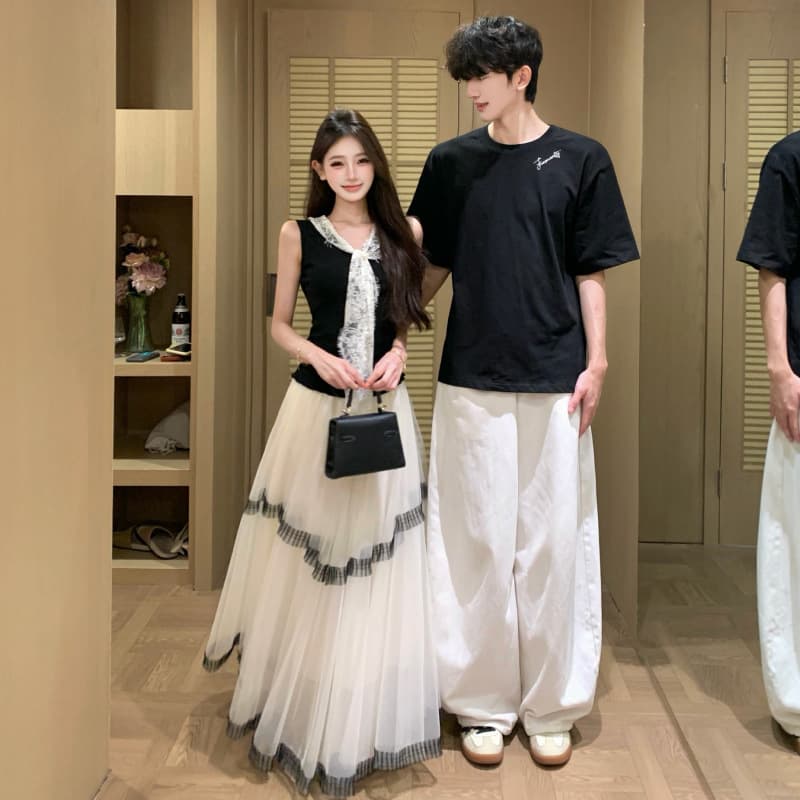 Special Couple Outfit Summer One Top One Skirt Sleeveless Waist-Cinching French Gentle Style Lace Trim Skirt Set