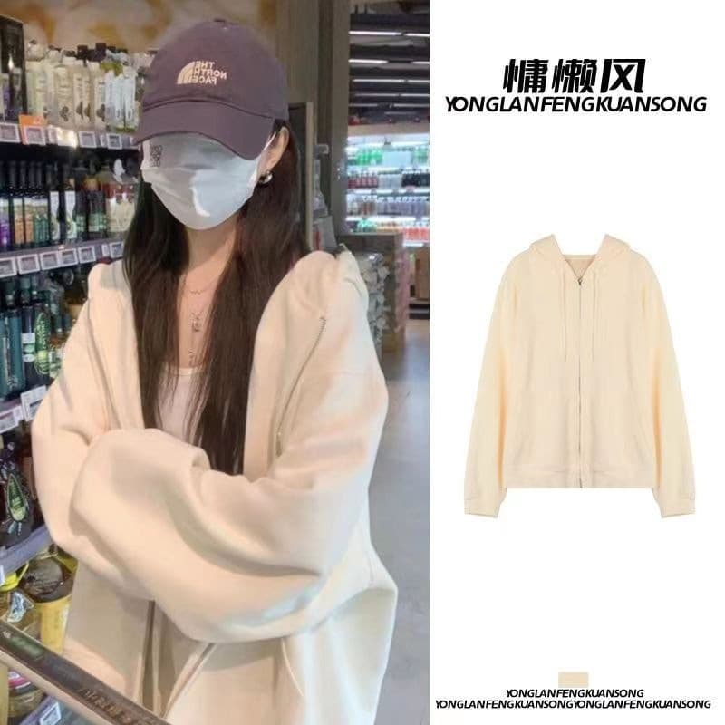 Spring/Fall Lightweight Korean Lazy Gray Hoodie Jacket for Women, American Chic Loose Zip-Up Cardigan Top