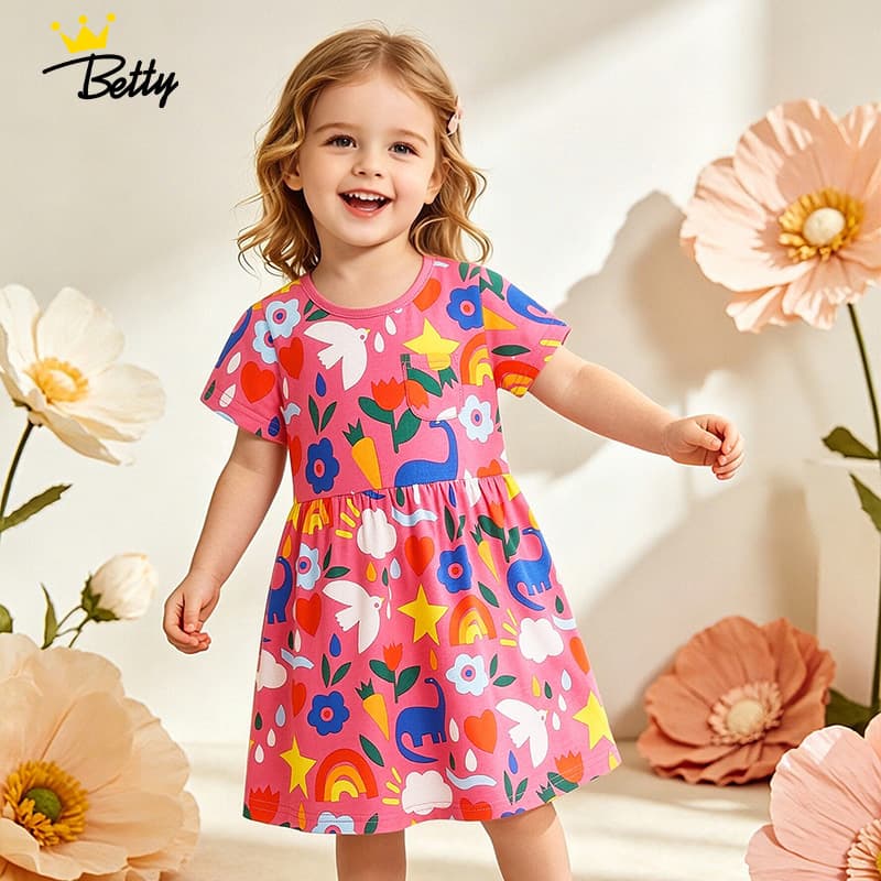 2026 Summer New Girls Dress Cute Printed Short Sleeve Children Princess Dress Cross-Border Supply
