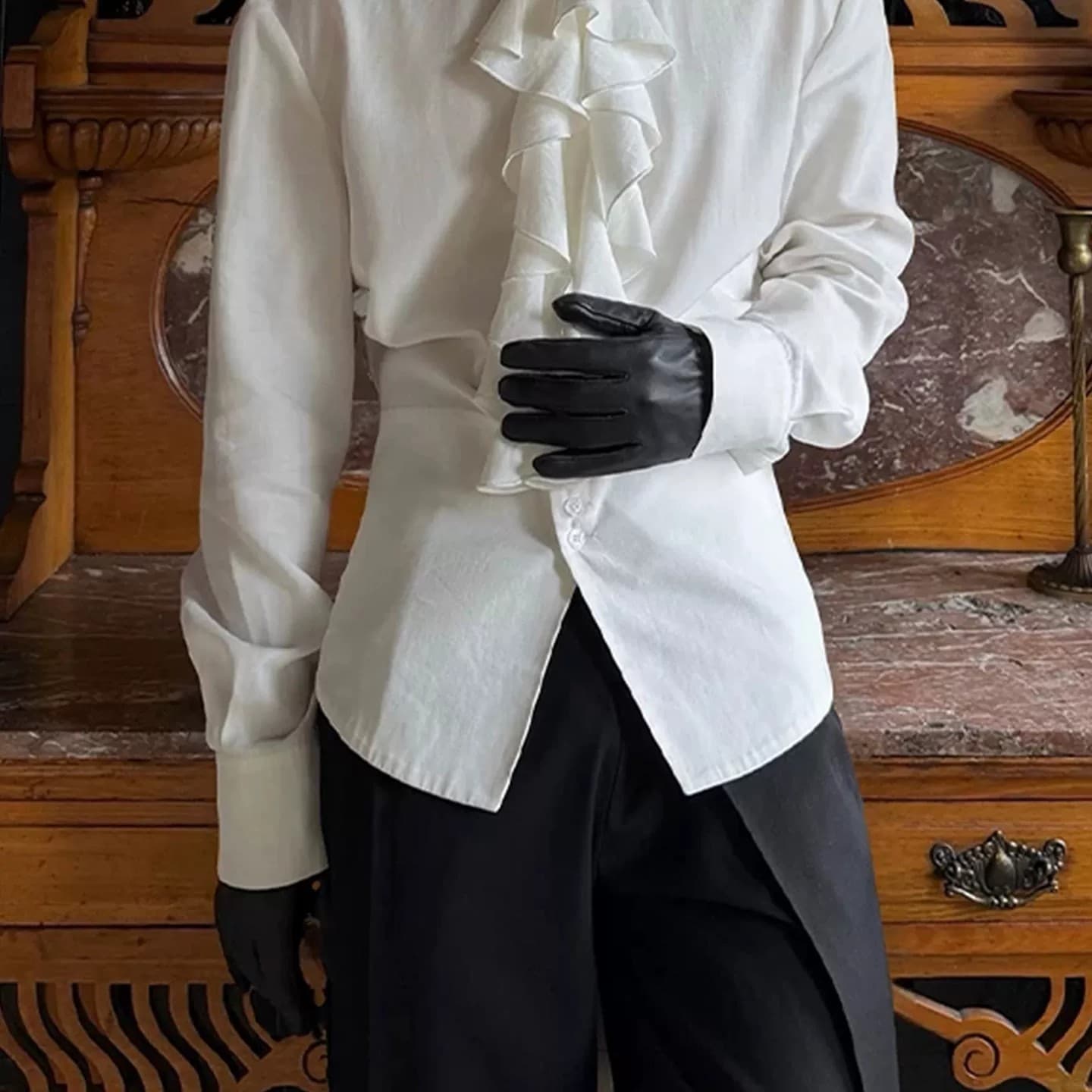 British yuppie detachable lotus leaf collar long-sleeved shirt for men in spring and summer light luxury palace style personalized and versatile shirt