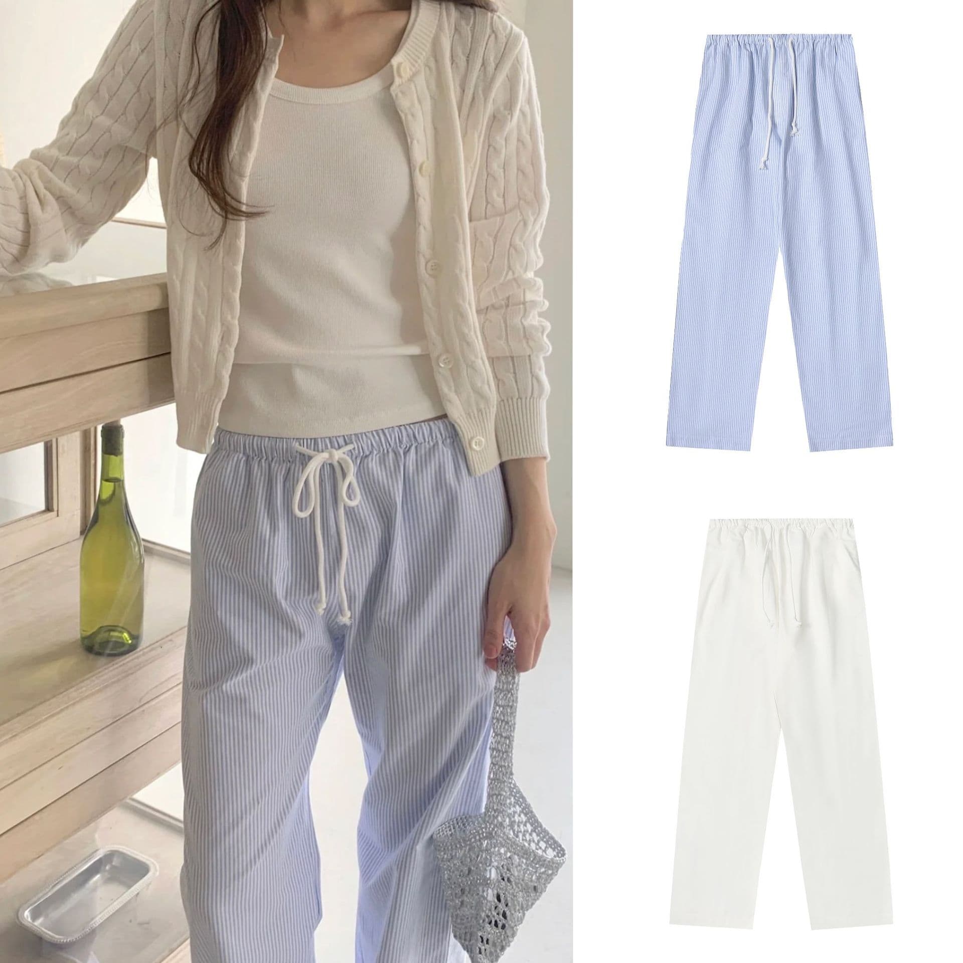 OUNCE Striped Lace Elastic Waist Straight Pants Casual Loose Lazy Style Versatile Simple Wide Leg Pants Women's Trousers