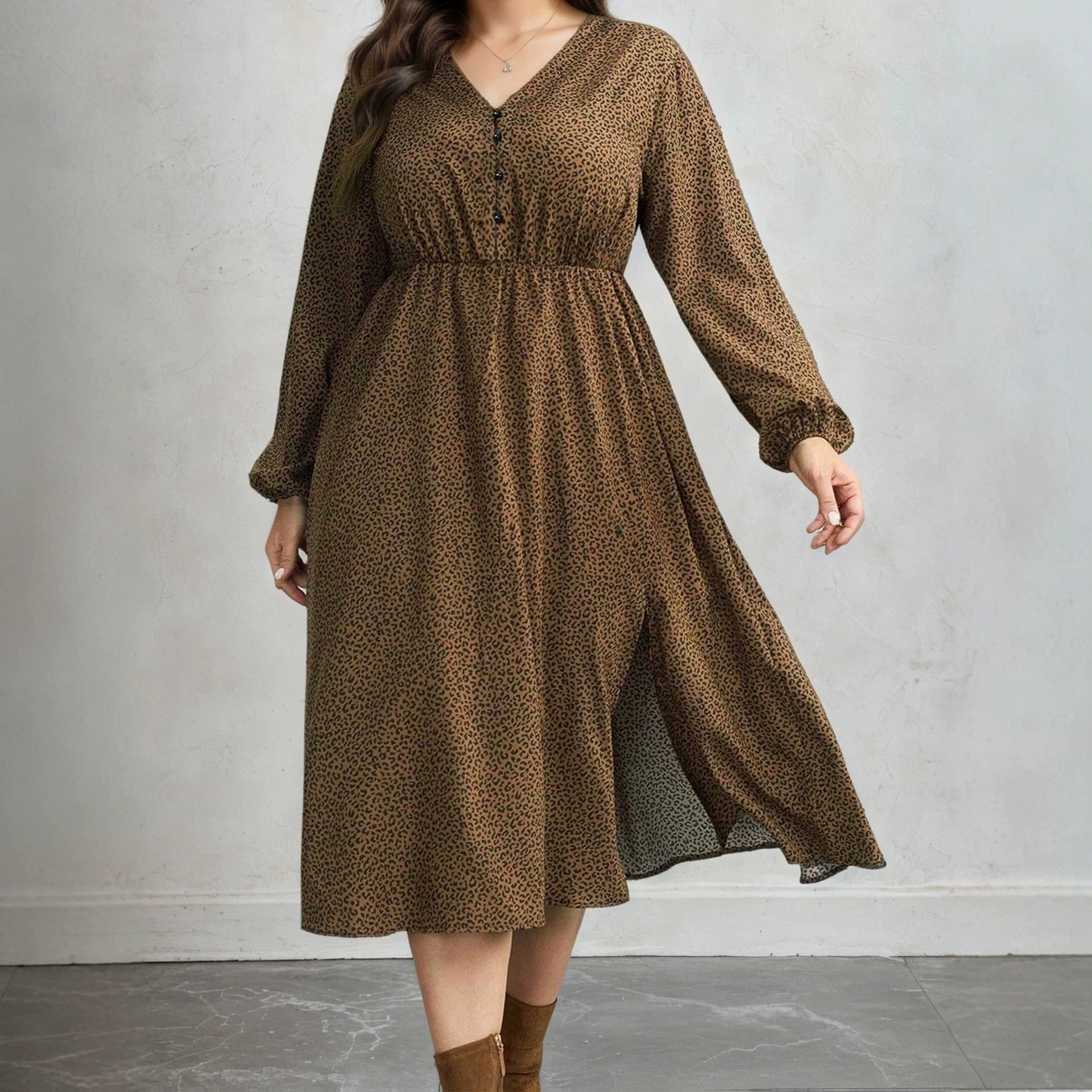Cross-border Trade Plus Size 2026 Autumn New Elegant V-Neck Leopard Print Long Sleeve Midi Dress