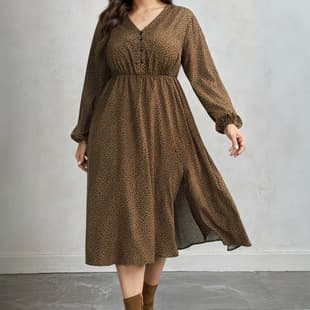 Cross-border Trade Plus Size 2026 Autumn New Elegant V-Neck Leopard Print Long Sleeve Midi Dress