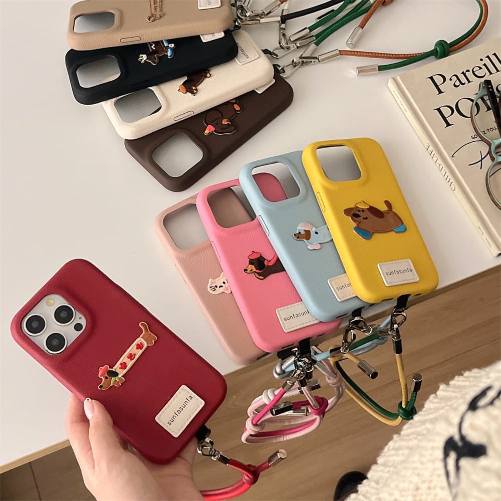 INS Embroidered Two-Color Lanyard Phone Case Compatible with Apple 17/16/15 Niche Leather Case iPhone14/13P