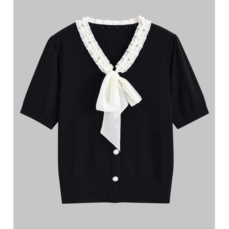 2026 Summer New Style V-Neck Lace-Up Black Knit Top for Women, High-End Beaded and Rhinestone-Embellished Fashion Slimming Top