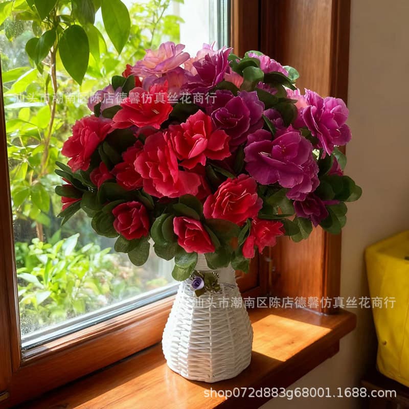 Simulated azalea bouquet single silk flower fake flower ornament living room decoration flower refrigerator simulation flower factory wholesale