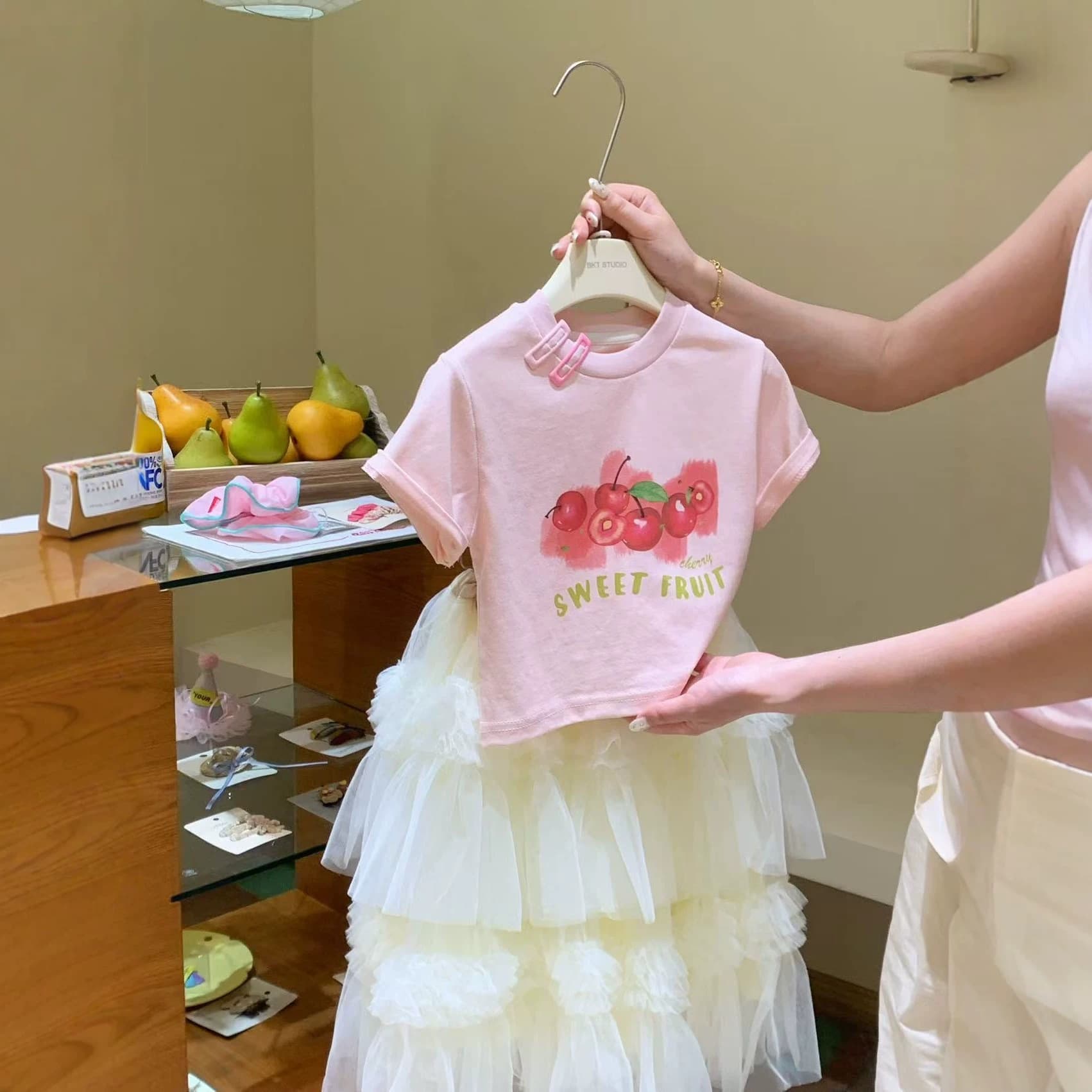 Girls Pink Printed Cherry Short Sleeve T-Shirt 2026 Summer New Korean Style Kids Cotton Top Ins