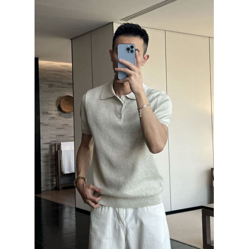 Apricot knitted short-sleeved men's polo shirt summer mature and stable men's cuffs T-shirt old money style half