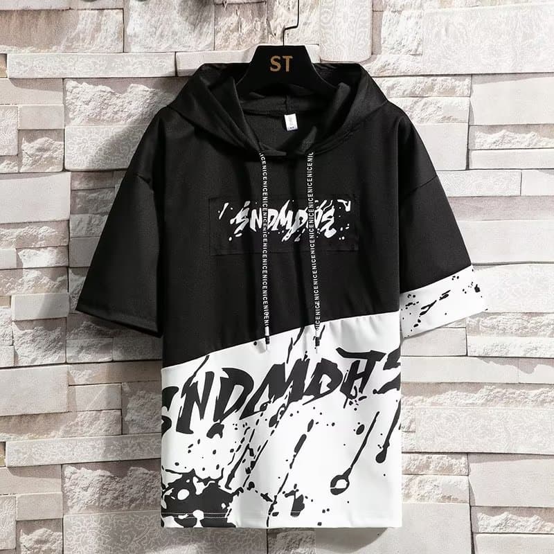Summer Men Short Sleeve T-shirt Trendy Hat Loose Half Sleeve Connected Cap Casual Clothing Summer Thin Style