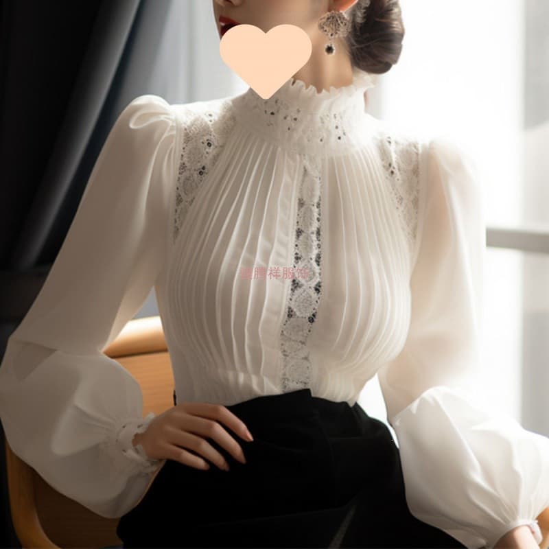 2026 Trendy Blouse Spring New Arrival High-End Look White Puff Sleeve Stand Collar Top for Women