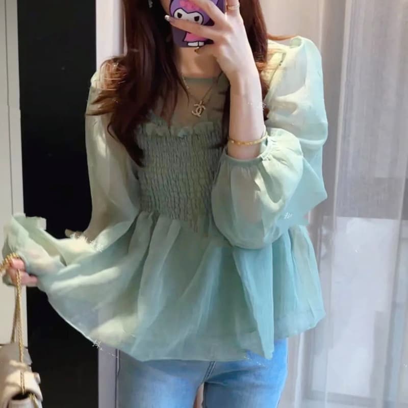 French Fairy Wood Ear Pleated Waist Long Sleeve Shirt Women's Spring New Fashionable Versatile Lantern Sleeve Top Trendy