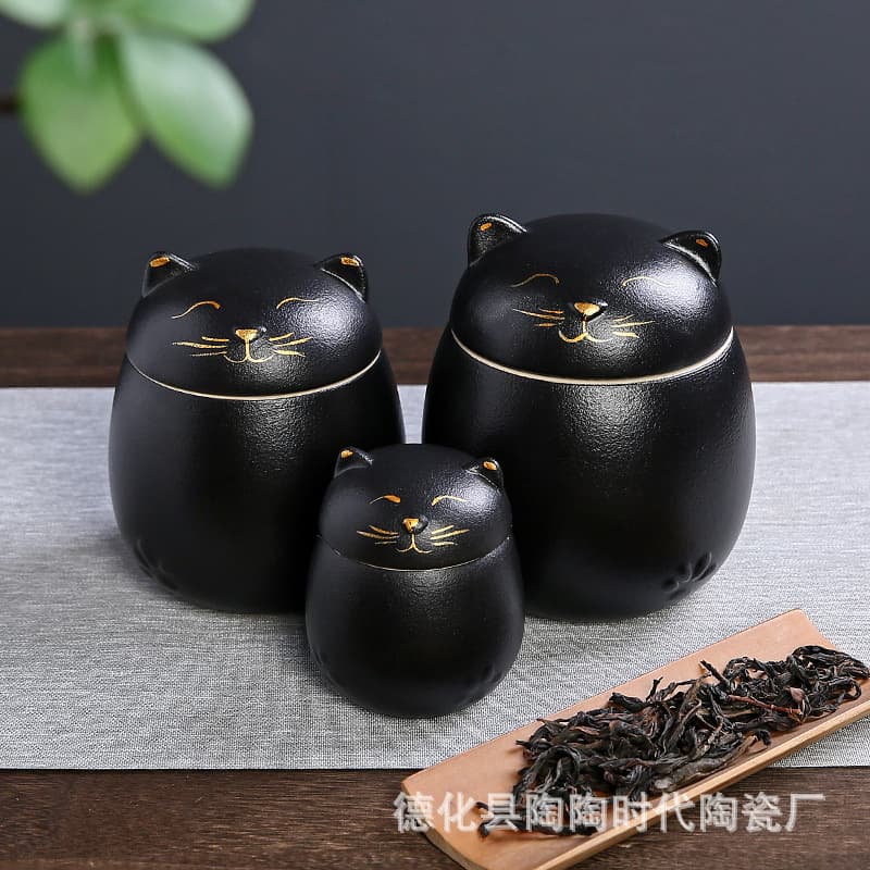 Tea canister, lucky cat figurine, tea storage jar, porcelain airtight jar, large portable pet urn/commemorative jar