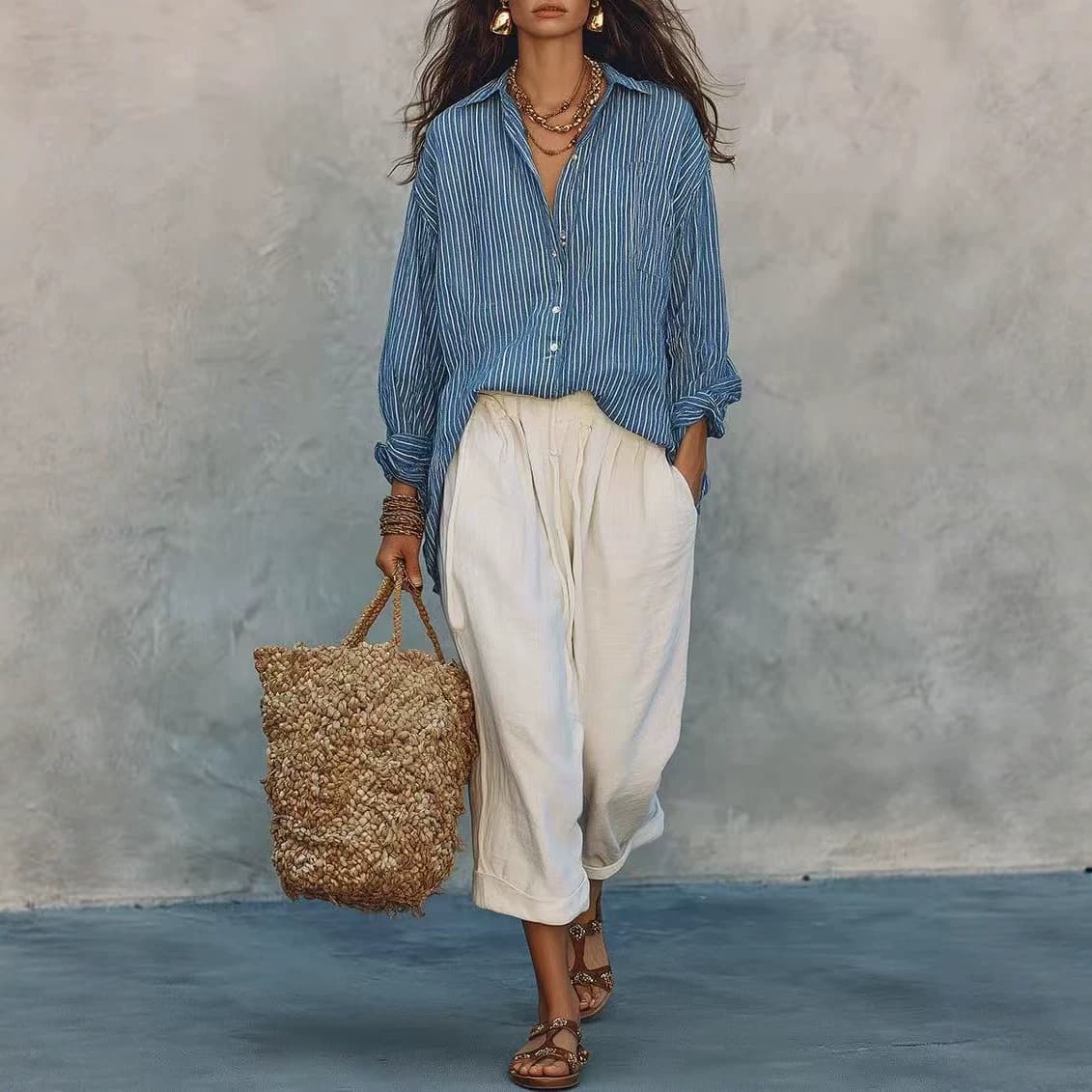 Cross-border Europe and America 2026 New Fashion French Vintage Simple Striped Texture Lapel Shirt Blouse for Women