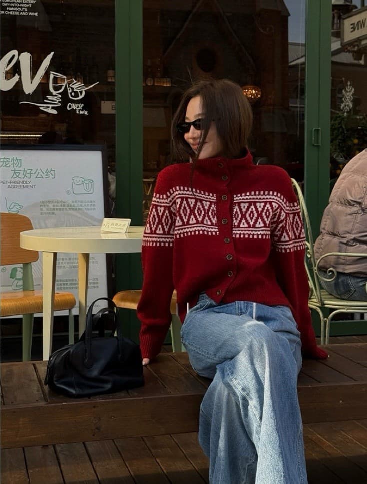 2025 Winter New Full Wool High Neck Button Fair Isle Knit Cardigan Vintage Diamond Pattern Sweater 13