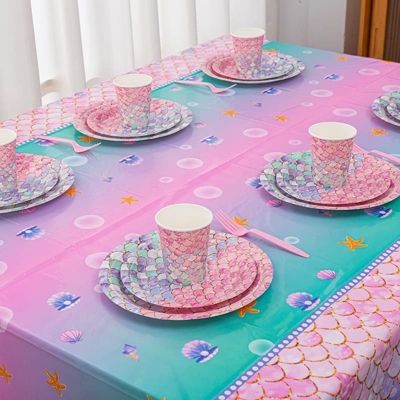 Cross-Border Mermaid Fish Scale Themed Tableware and Tablecloth Set Disposable Girls' Birthday Party Decoration Supplies