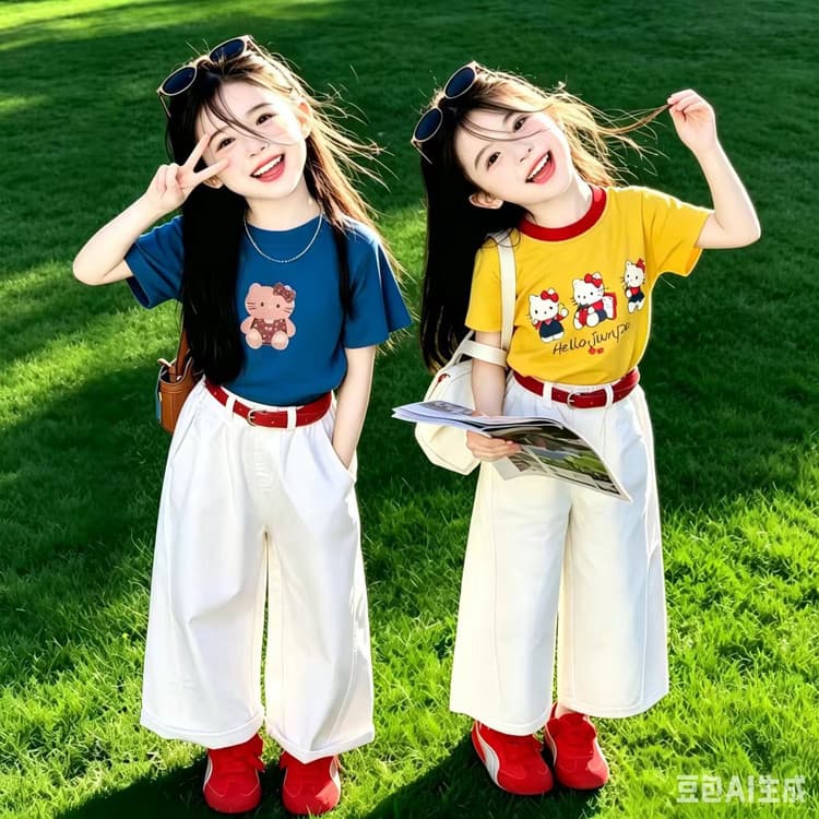 Girls' Outfit 2026 New Summer Cartoon Short-Sleeve T-Shirt Embroidered Cat Wide-Leg Pants Stylish Casual Two-Piece Set