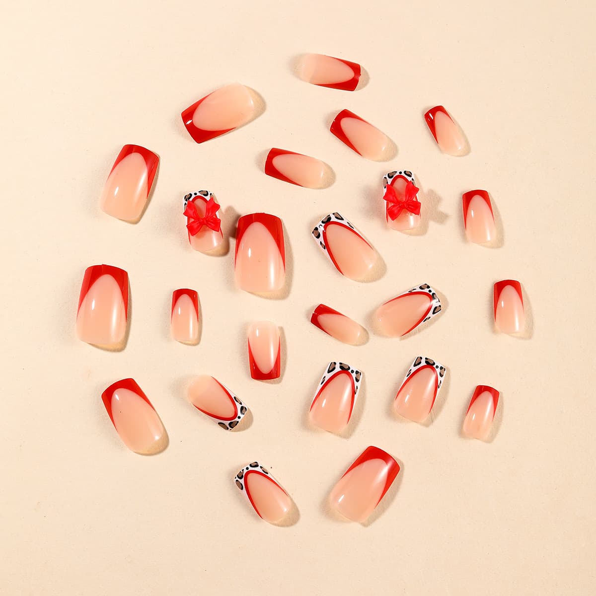 Wearable Nails Hot Girl Style Red French Tip Leopard Print Color Block Sweet Bow Nail Stickers False Nails