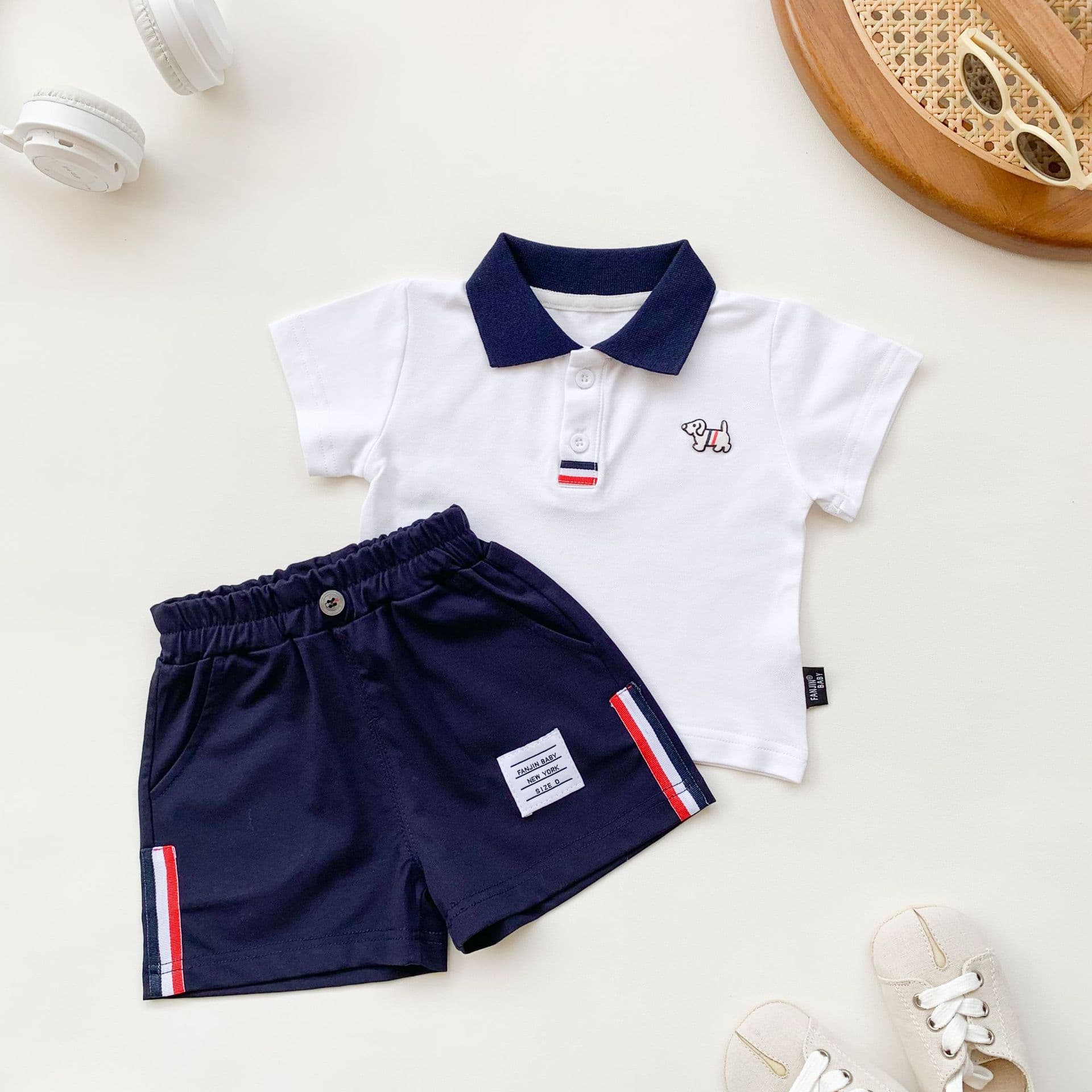 2026 New Summer Boys' Set, Stylish Kids' Casual Short Sleeve Polo Shirt Two-Piece Outfit