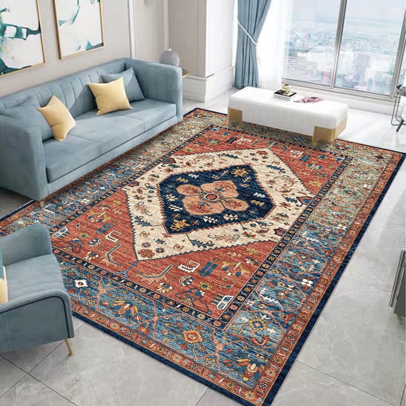 Turkish Ethnic Style Rug, Persian American Vintage Living Room Sofa Coffee Table Carpet, Bedroom Bedside Floor Mat for Home Decoration