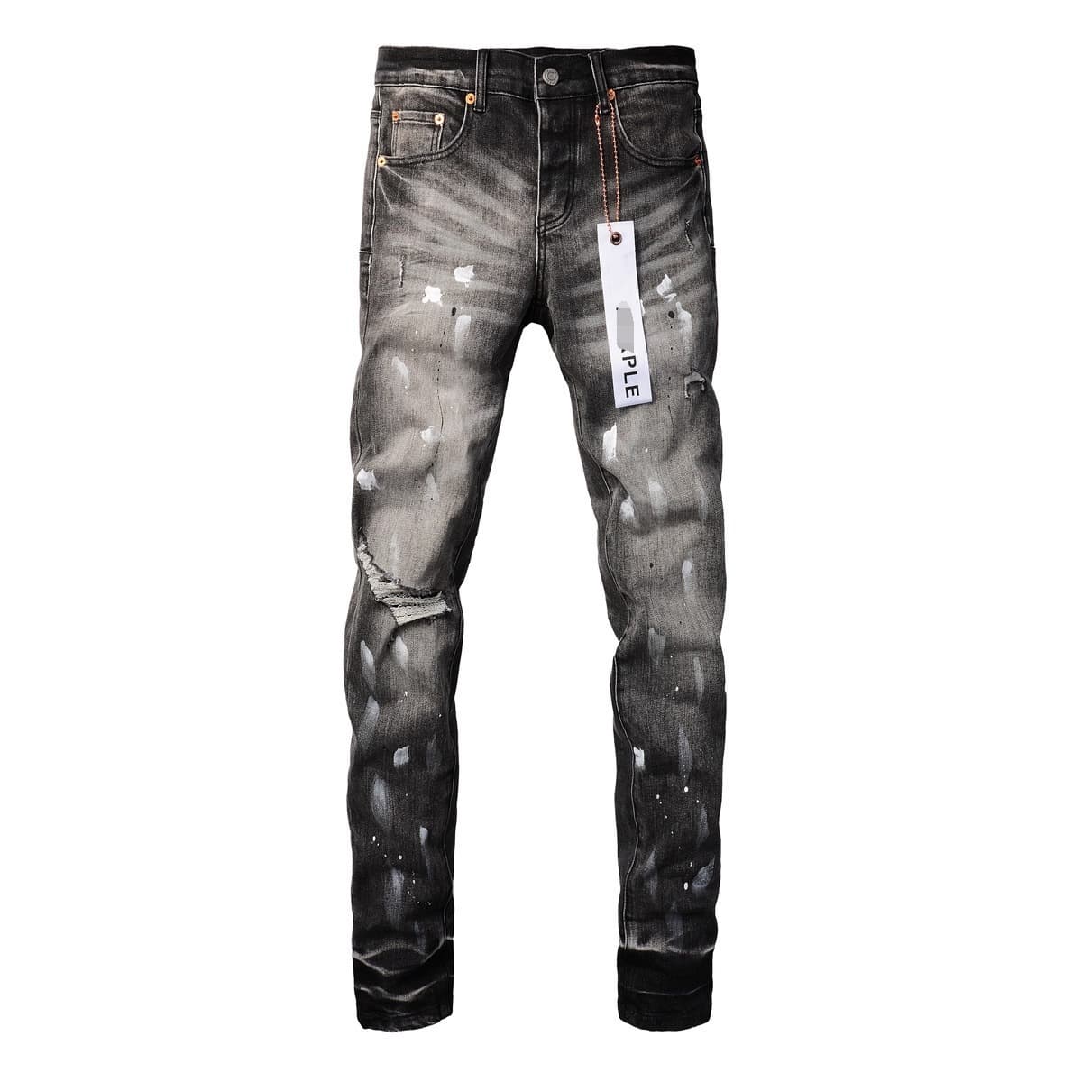High version AM export style punk retro blue ripped skinny stretch printed dyed slim-fit men's jeans trendy.