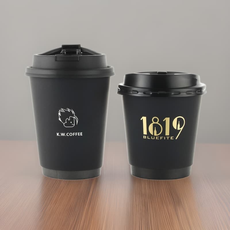 Disposable 90mm Diameter Black Touch Paper Hollow Double-Layer Cups, 280ml Hot Drink Coffee Cups with Flocked Paper and Gold Stamping