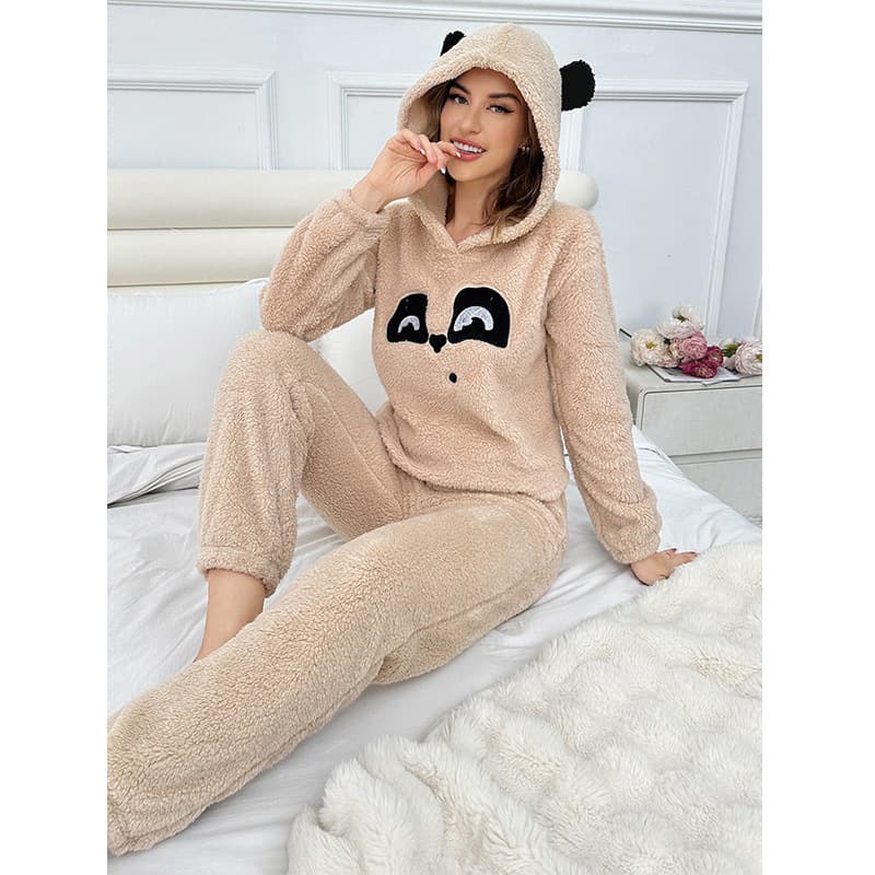 Thickened Soft Cozy Autumn Winter Ladies Sleepwear Set with Hat Outdoor Wearable Warm Comfortable Home Leisure Polyester Ensemble