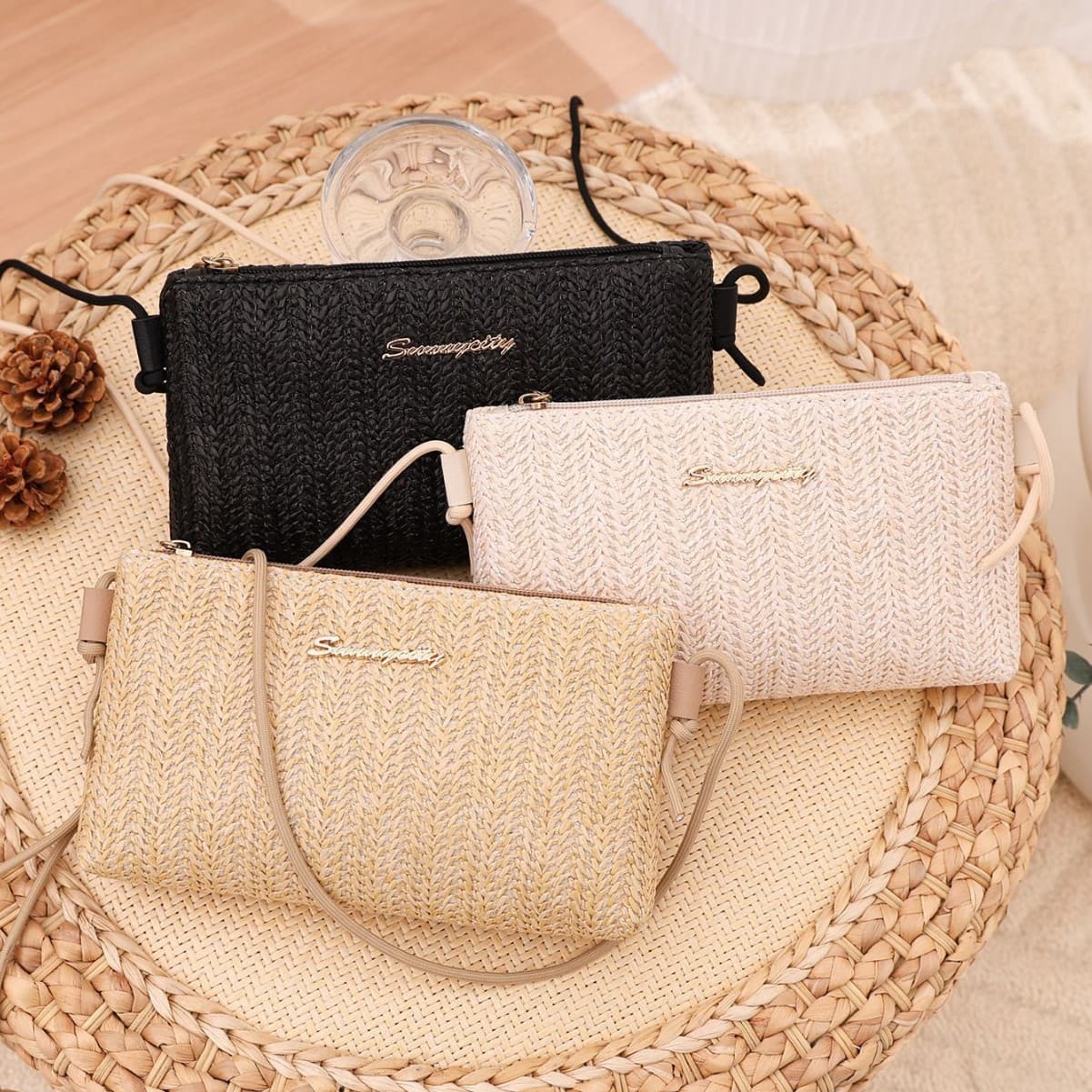 2025 New Arrival In Stock Women's Woven Straw Bag, Simple Long Wallet, Large Capacity Main Pocket, Phone Pouch, Coin Purse