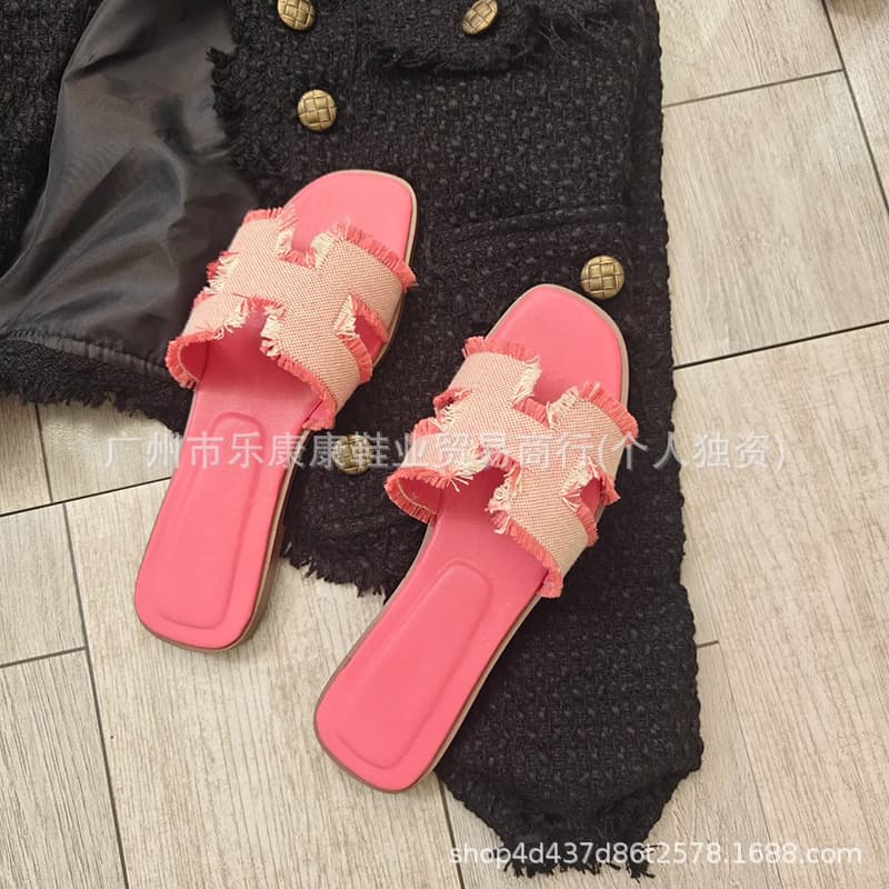 H Brand Flat Sandals New Summer Roman Style One-Strap Hollow Candy Color Denim Retro Tassel Slippers