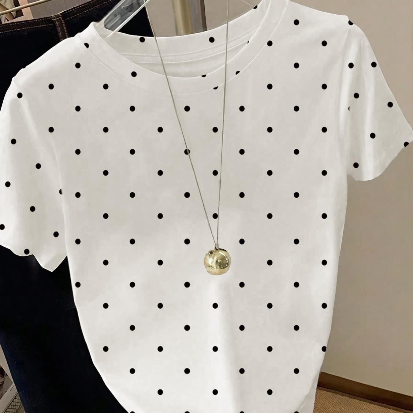 Cross-border Trade Casual Versatile Round Neck Polka Dot Short Sleeve T-Shirt Slim Fit Basic Top (Necklace Not Included)