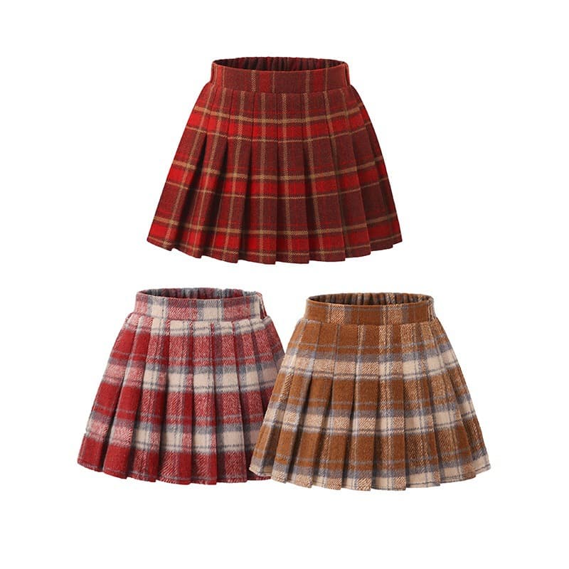 Children's clothing girls' red plaid wool blend autumn and winter thickened half skirt children's baby academy style pleated skirt short skirt pants