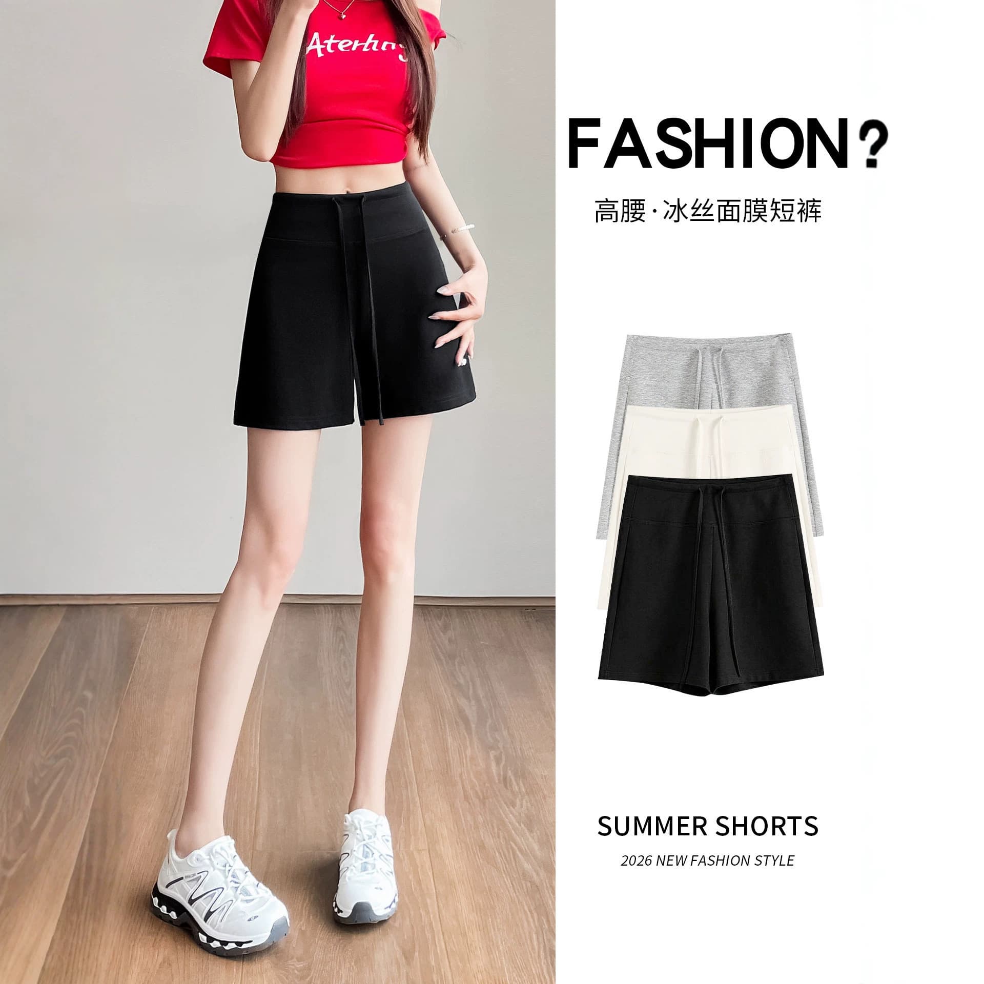 Women's Running Shorts 2026 Summer New Black High-Waist A-Line Slimming Casual 3/4 Length Pants