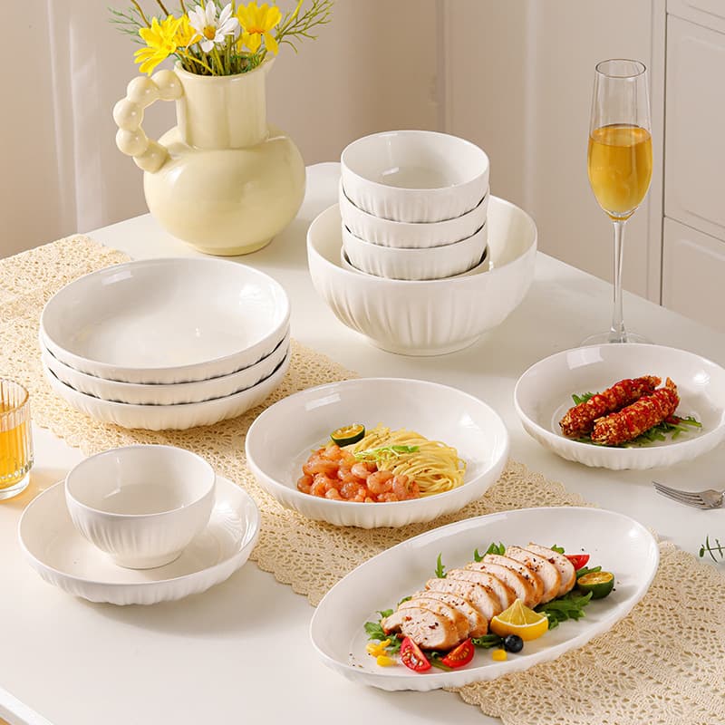 Simple style pure white household ceramic tableware creative pumpkin bowl deep plate INS style salad plate fish plate relief soup bowl