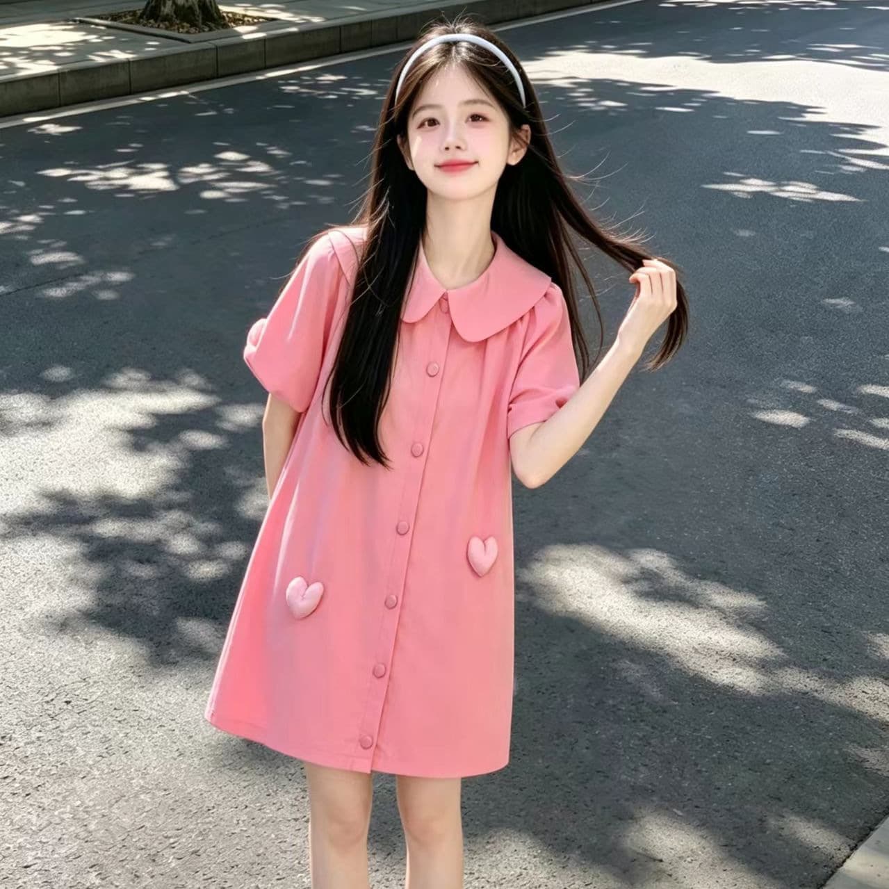 Girls Summer Dress Korean Style Doll Collar Shirt Dress Heart Print Short Sleeve Princess Dress for Middle and Big Girls