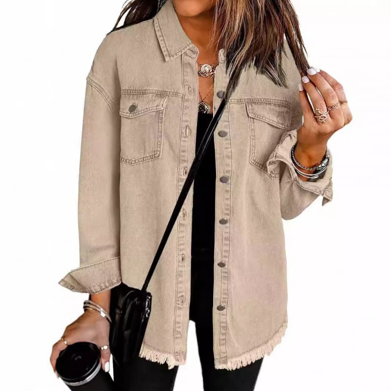 New Cross-Border Washed Denim Shirt Jacket for Women, European and American Fall/Winter Street Style with Frayed Hem Coat