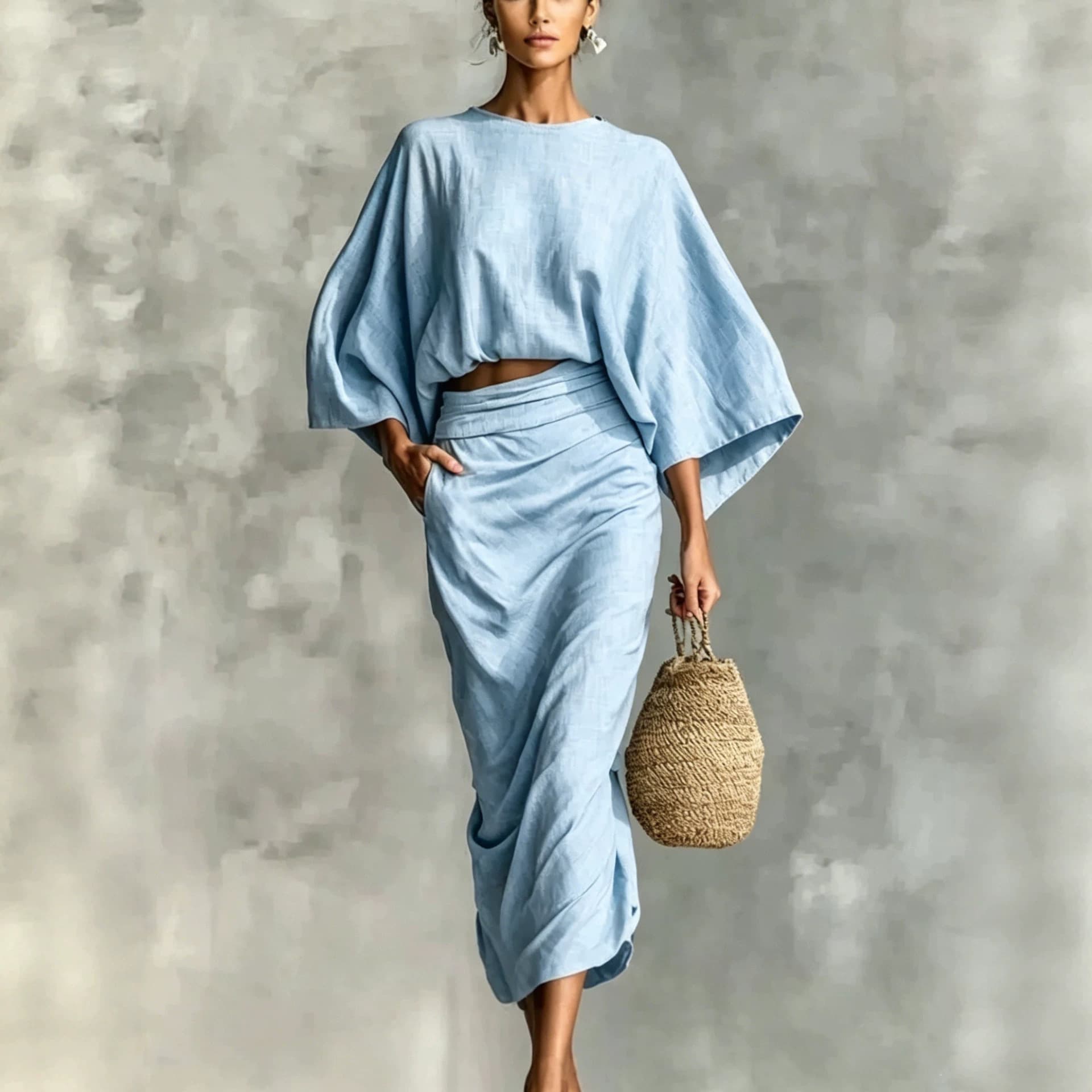 Cross-Border Export Linen Cotton Fashion Set Batwing Sleeve Top Pocket Split Midi Skirt Two-Piece Set