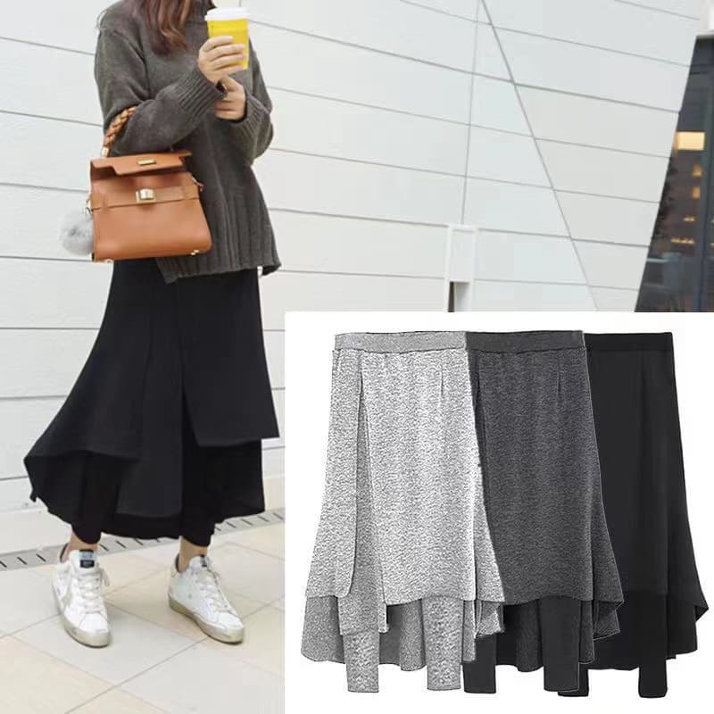 2022 European and American Autumn/Winter Plus Size Women's Thickened Fleece-Lined Fake Two-Piece Split Irregular One-Piece Skirt Pants Slimming Skort
