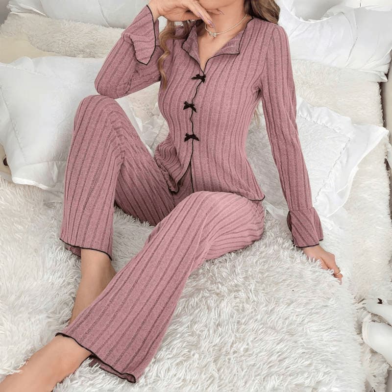 Women's Autumn/Winter Pajama Set with Lapel Bowknot, Fashionable Sexy Long Sleeve Top and Pants Loungewear for Cross-Border E-commerce to Europe and America