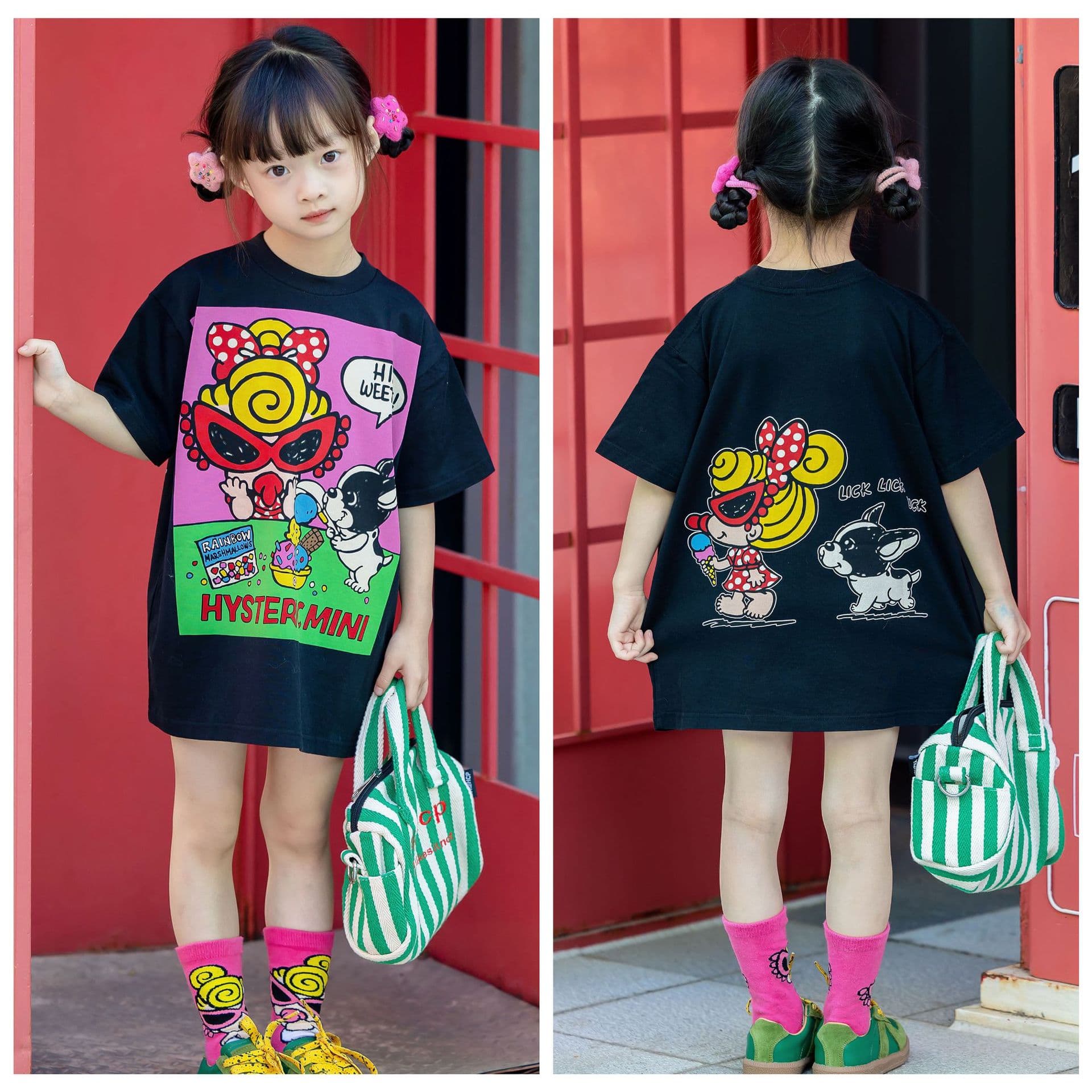 New Summer Parent-Child Matching Outfit, Stylish Mother-Daughter Set, Short Sleeve T-Shirt with Black Super French Bulldog Cartoon Print Skirt