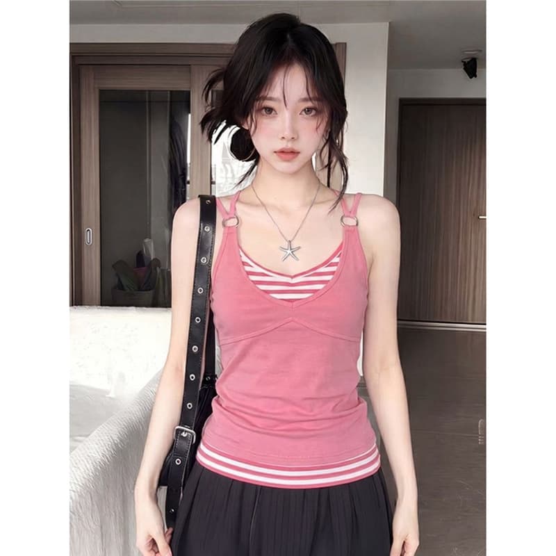 Pink striped fake two-piece camisole for women's summer outer wear Korean style sweet and spicy slimming design trendy top