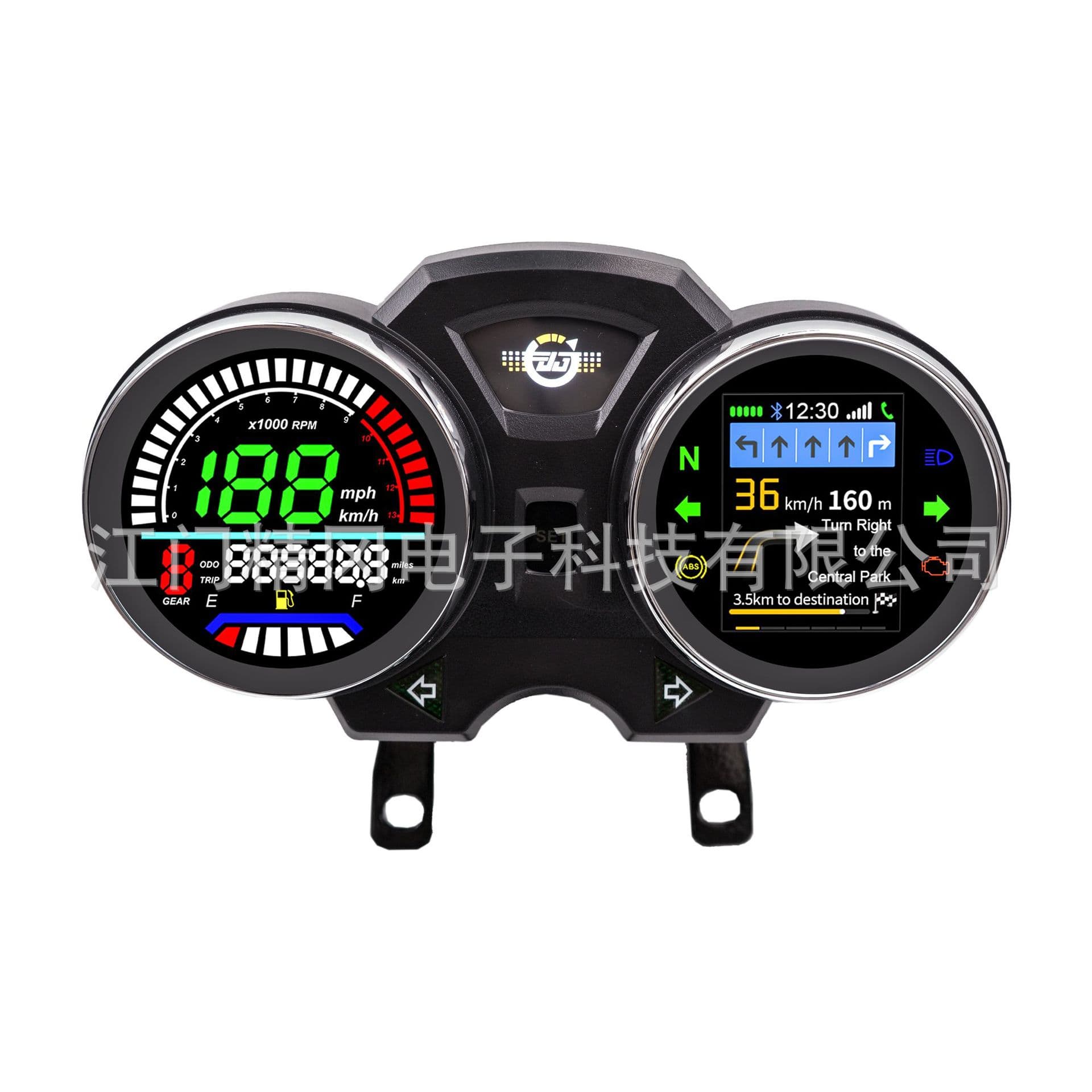 Export-grade intelligent modified instrument panel GN125F with navigation, tire pressure monitoring, and information pop-up windows; American cruiser model, electronic version.