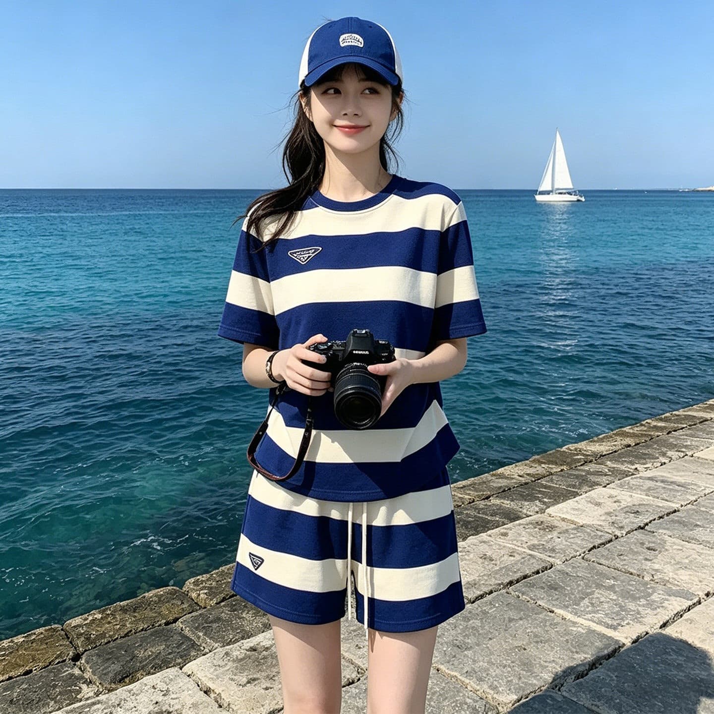 Navy Style Striped Short Sleeve Shorts Two-Piece Set for Women Summer Loose Slim Casual Sport Set 2026 New