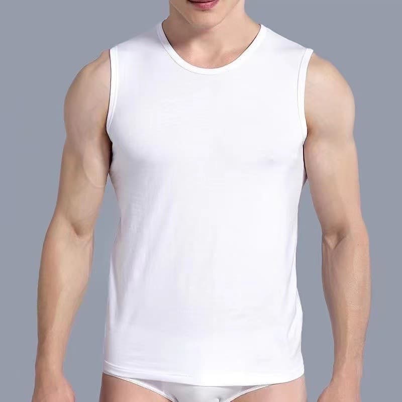 Summer Men's Wide Shoulder Round Neck Vest, Breathable Tight Sports Fitness Base Layer Solid Color Tee Sleeveless Underwear