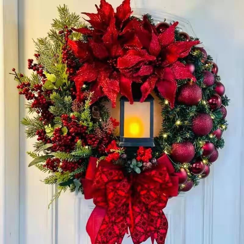 New Christmas Oil Lamp Wreath with Red Flowers for Window or Door Decoration