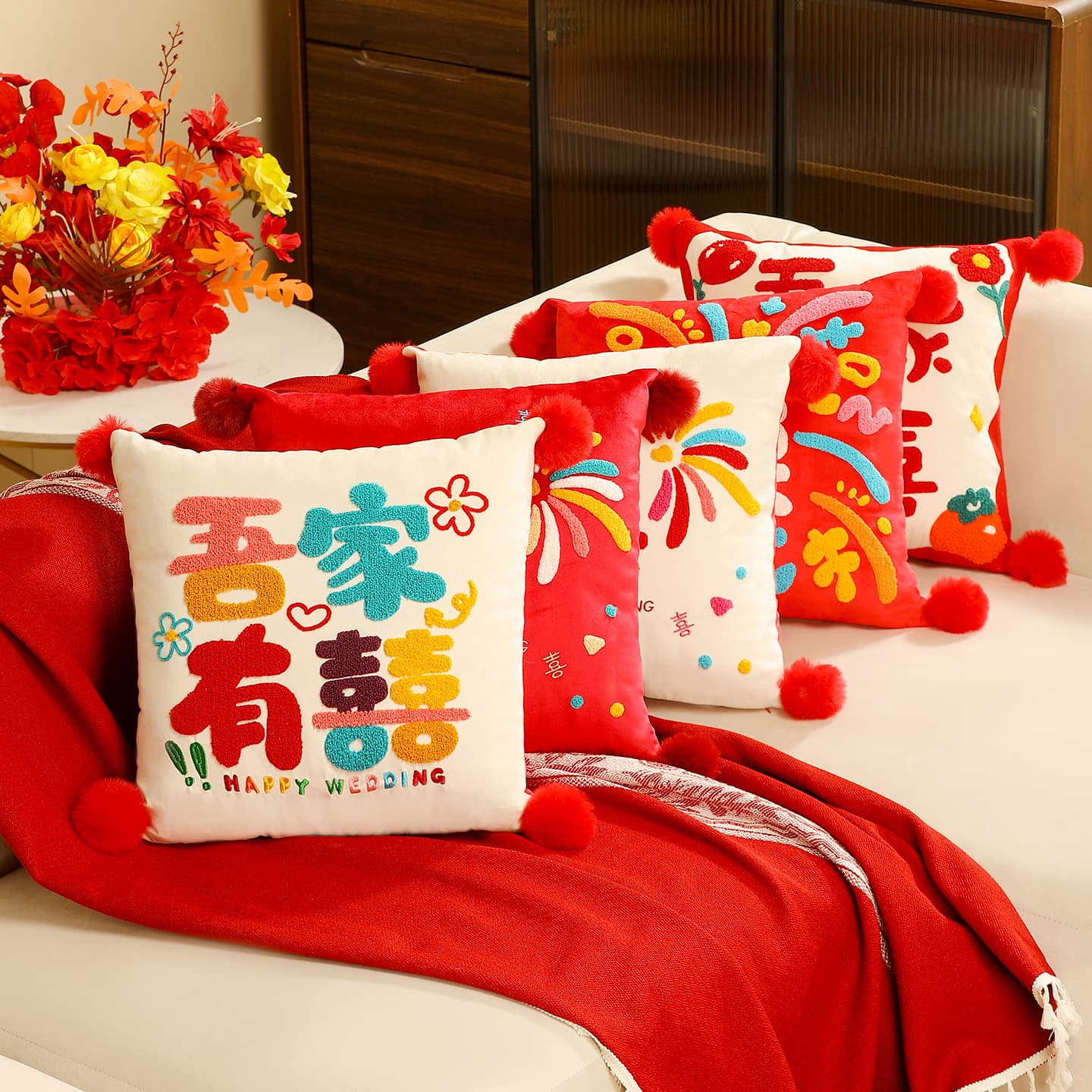 Red Embroidered Double Happiness Plush Pillows for Wedding Bed and Living Room Sofa