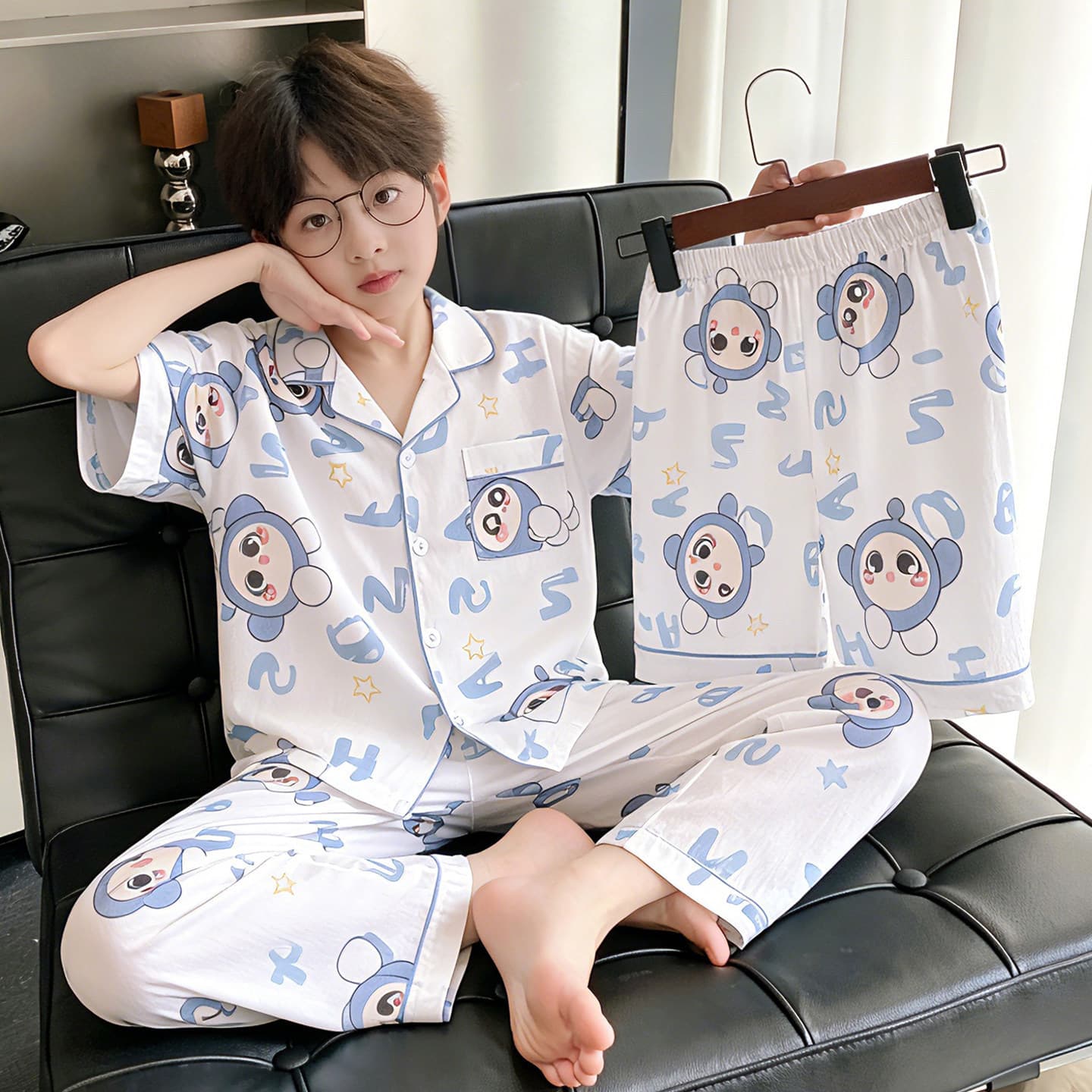 Boys' Pajamas Cloud Cotton Short-Sleeved Thin Cartoon Internet Celebrity Home Clothes Set Boys Teenagers Baby Air-Conditioned Clothing