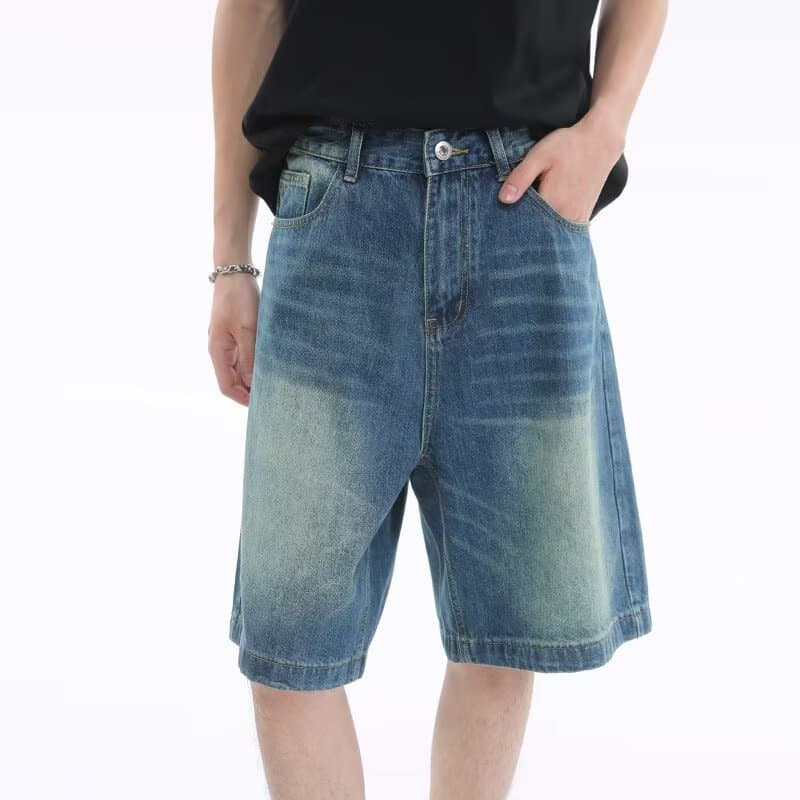 American high street retro washed denim shorts men's straight loose large size medium pants trendy brand vibe five-point pants summer