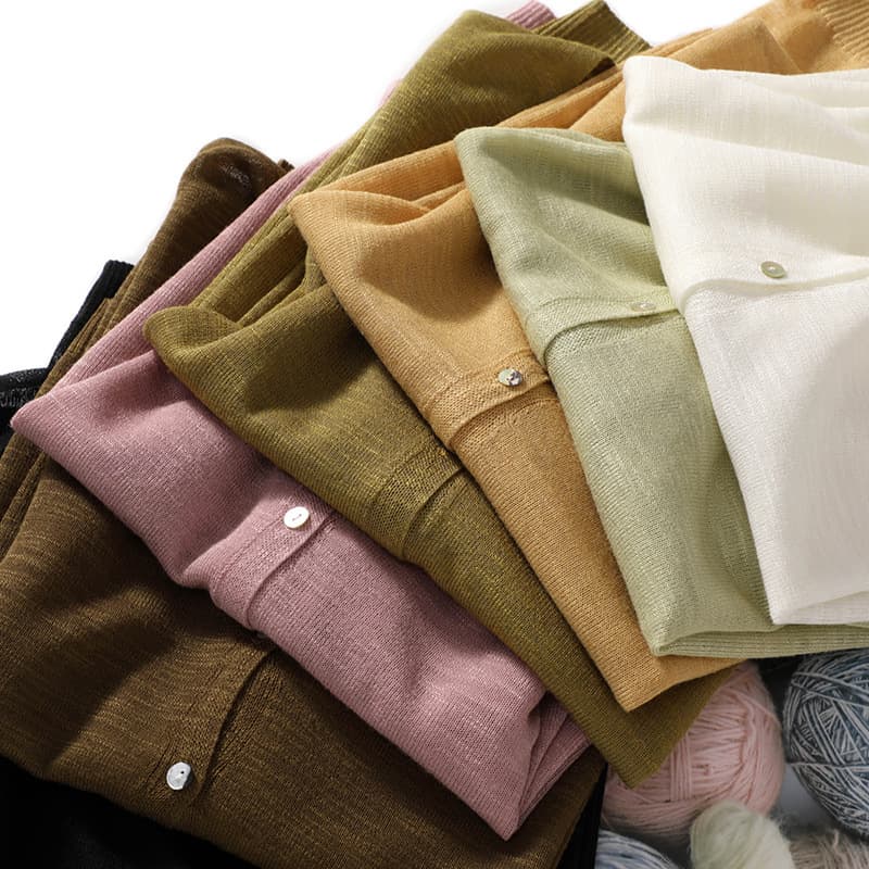 Summer Linen Knit Cardigan for Women V-Neck Thin Solid Color Lightweight Jacket Air Conditioning Cover-Up Ramie Top