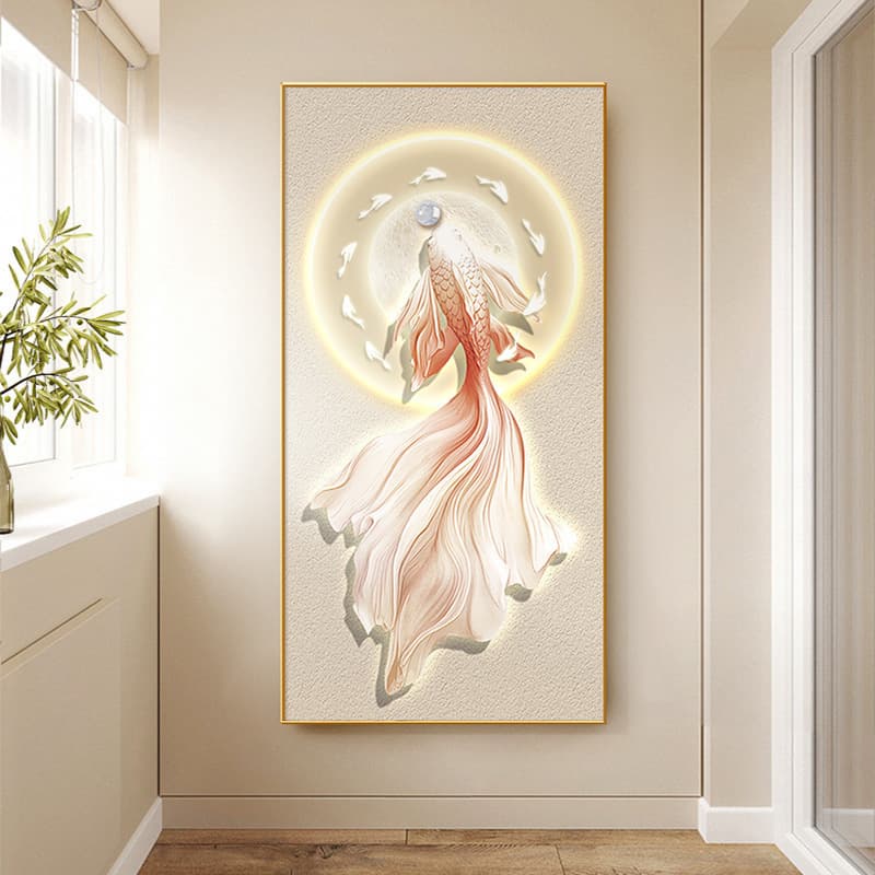 Cream Fresh Nine Fish Painting Entrance Decorative Art Pink Abstract Corridor Hallway Hanging Picture Textured Crystal Ceramic Painting Aluminum Alloy Frame